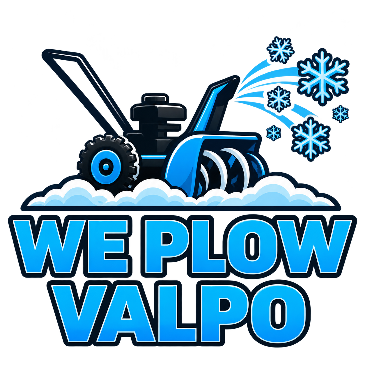 We Plow Valpo logo with snowblower blowing snowflakes